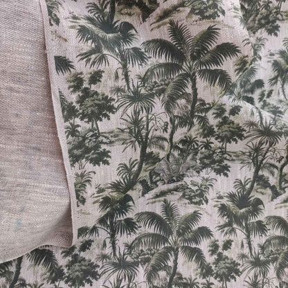 100% LINEN Fabric floral green palm trees print on oatmeal natur linen, linen botanical fabric for upholstery home decor