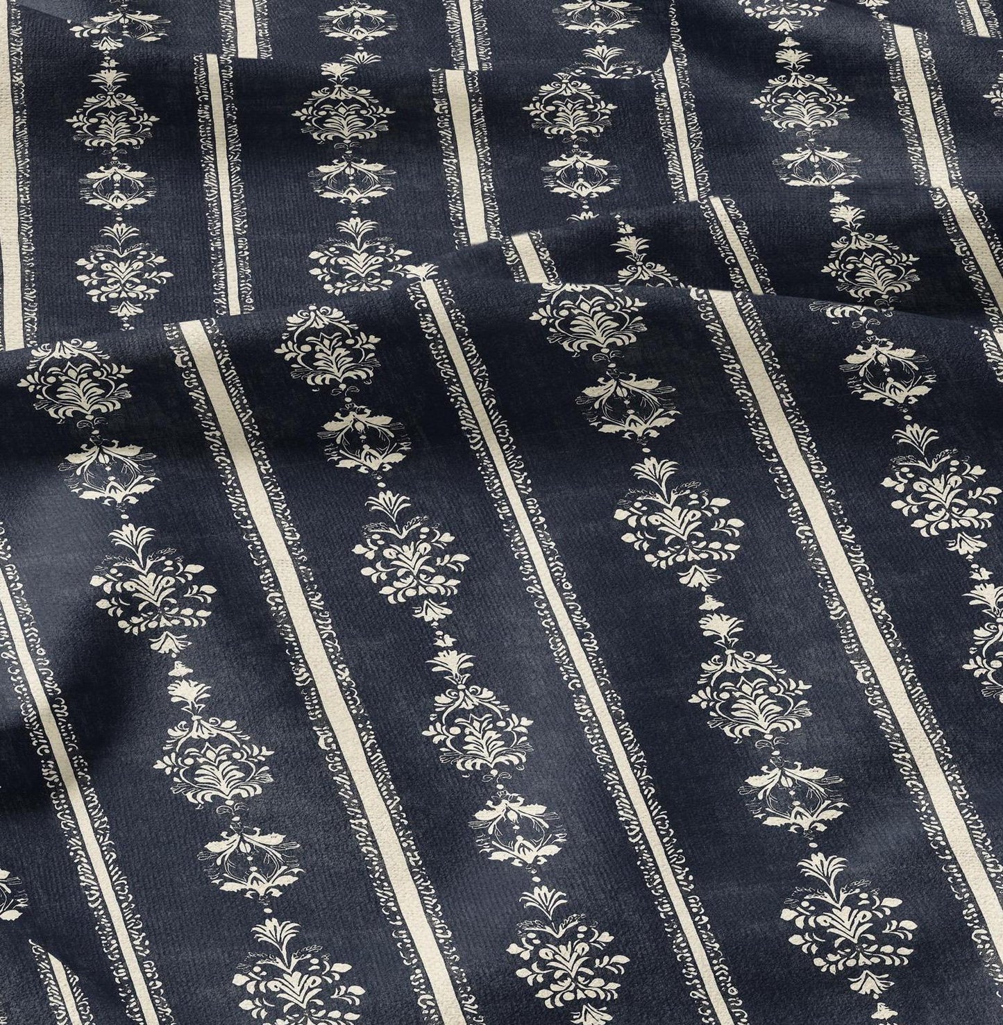 100% LINEN Fabric Indigo blue stripe block - tribal print on linen print upholstery curtains dress making
