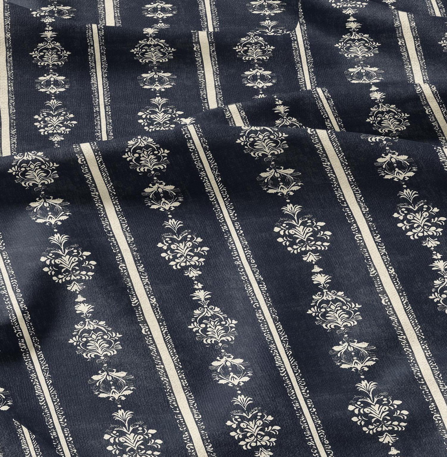 100% LINEN Fabric Indigo blue stripe block - tribal print on linen print upholstery curtains dress making