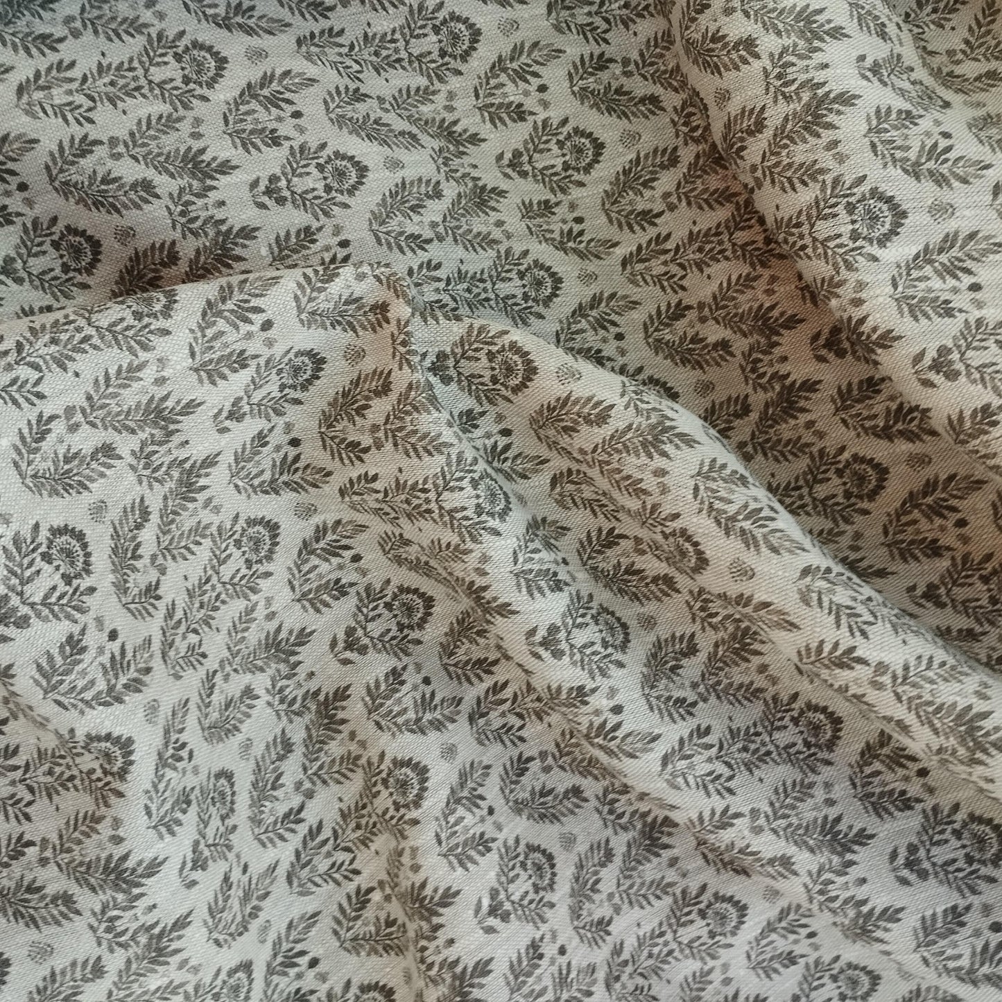 100% LINEN Fabric block print grey on linen, Heavy oatmeal linen fabric with grey print for upholstery home decor curtains 368N