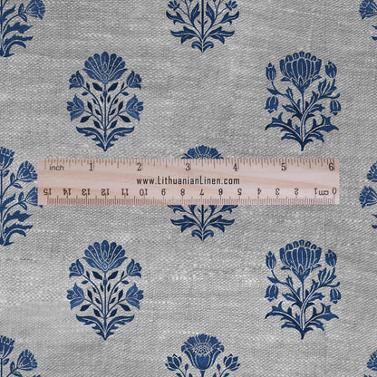 100% LINEN Fabric block print Genda - Indian blue floral linen heavy for upholstery home decor - medium for dress making 2947