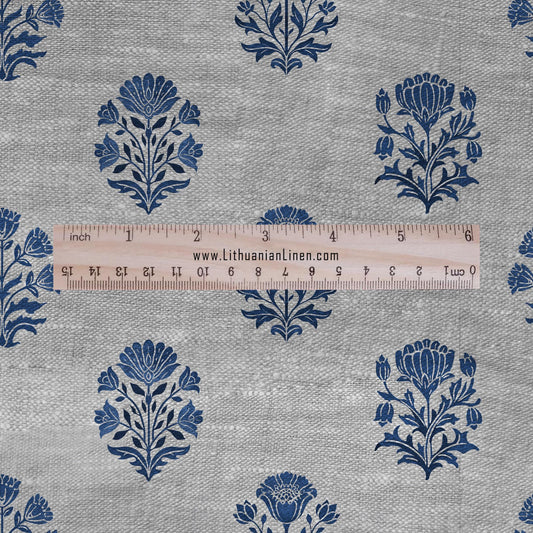100% LINEN Fabric block print Genda - Indian blue floral linen heavy for upholstery home decor - medium for dress making 2947