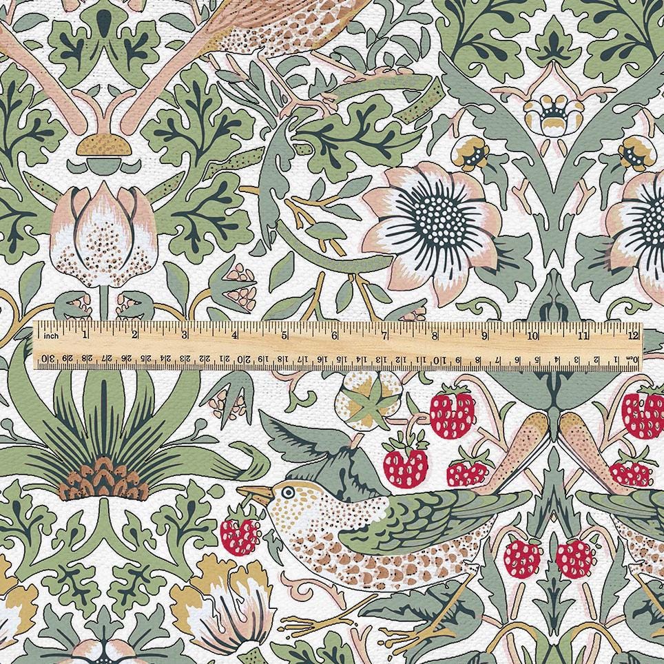 100% LINEN fabric - William Morris Strawberry thief white - British Victorian Art Craft flax - sewing home decor or clothing 3865