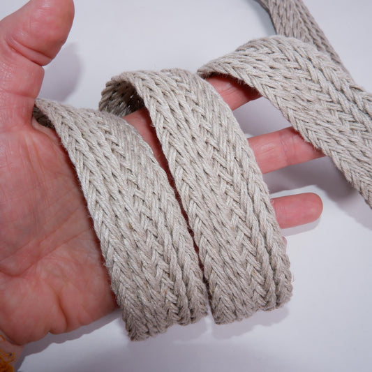 Handwoven Linen FLAT Braided trim for belts, flax cord ribbon in natural undyed linen