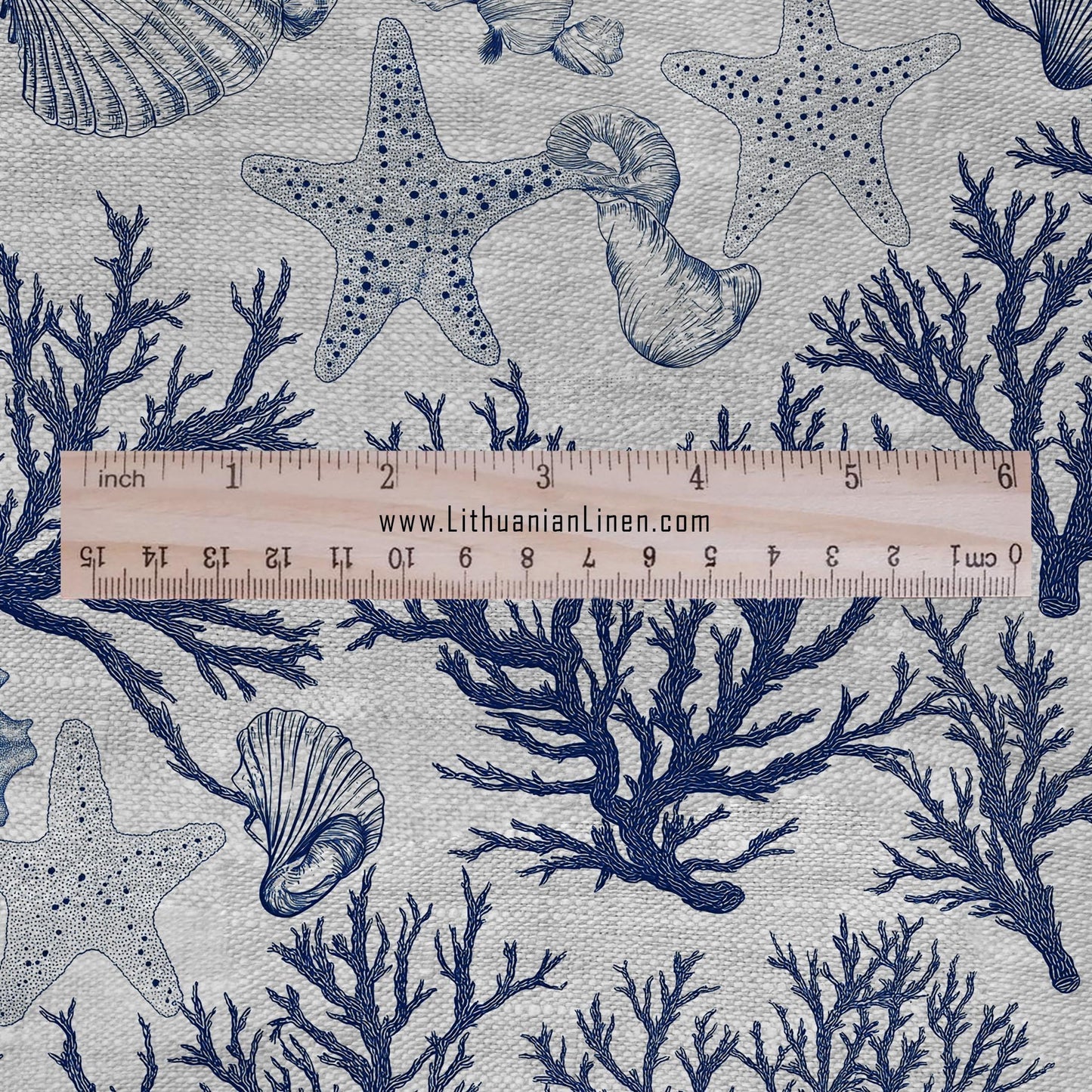 100% LINEN Fabric Shell & Corals print - nautical indigo blue print on oatmeal linen for home decor sewing dress clothing 2364