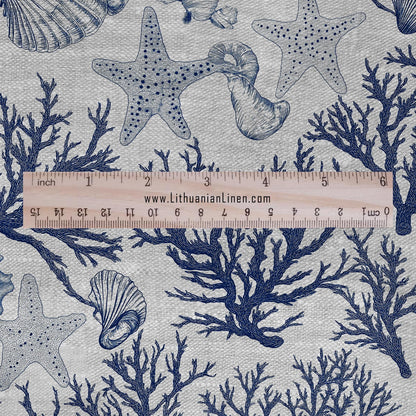 100% LINEN Fabric Shell & Corals print - nautical indigo blue print on oatmeal linen for home decor sewing dress clothing 2364