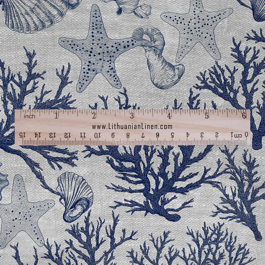 100% LINEN Fabric Shell & Corals print - nautical indigo blue print on oatmeal linen for home decor sewing dress clothing 2364