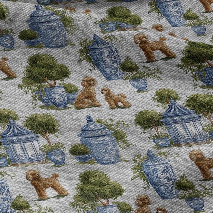 100% LINEN Fabric Puddel print - oatmeal linen fabric with botanical print - chinoiserie garden tropical 3348