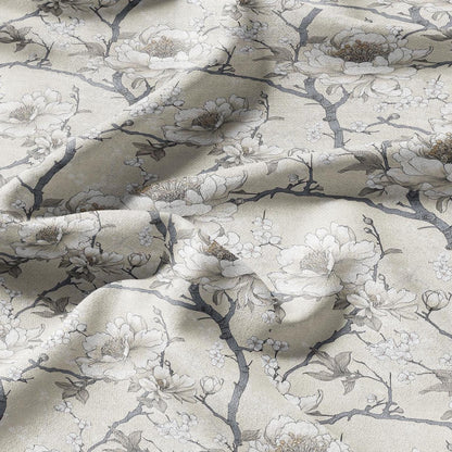 100% LINEN Fabric beige apple blossom print on white linen - floral botanical french linen fabric Provence - linen floral upholstery 2594