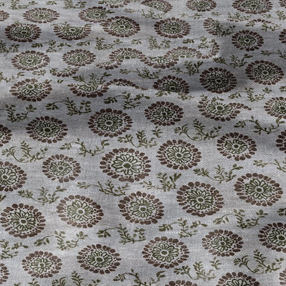 100% LINEN Fabric hand block print flowers - oatmeal natur linen fabric with black yellow print - fabric for home decor upholstery