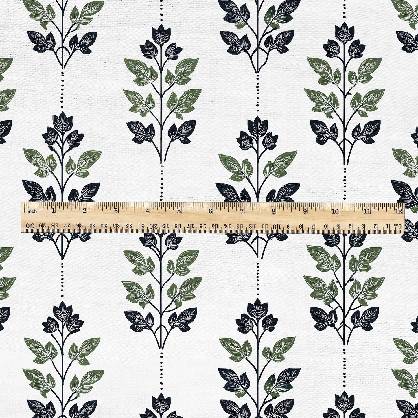 100% LINEN Fabric Leaves stripe print - Mid-century modern botanical stripe upholstery home textile artisan green white 2743