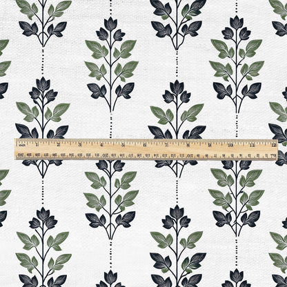 100% LINEN Fabric Leaves stripe print - Mid-century modern botanical stripe upholstery home textile artisan green white 2743