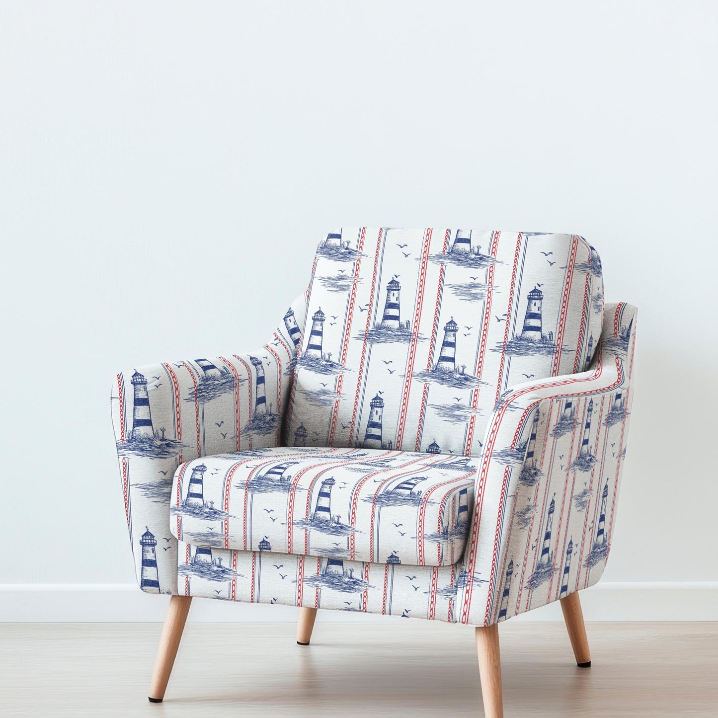 100% LINEN Fabric UPHOLSTERY 12oz - Lighthouse print on linen - Modern vintage pattern marine blue red stripe coastal 2777