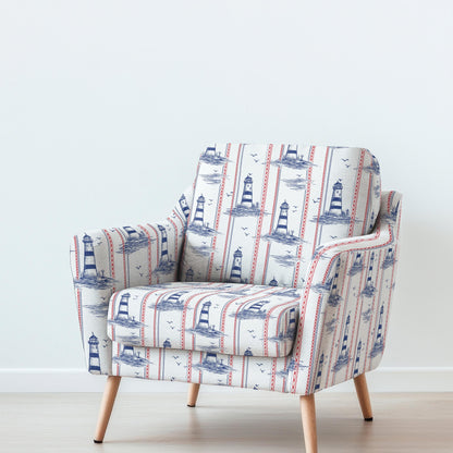 100% LINEN Fabric UPHOLSTERY 12oz - Lighthouse print on linen - Modern vintage pattern marine blue red stripe coastal 2777