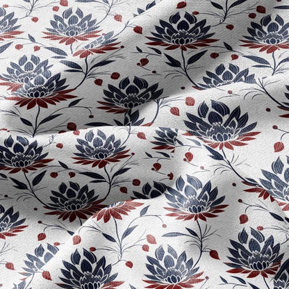 100% LINEN Fabric Block print Lotus blosoom - modern vintage botanical flower upholstery home textile artisan blue red white 2322