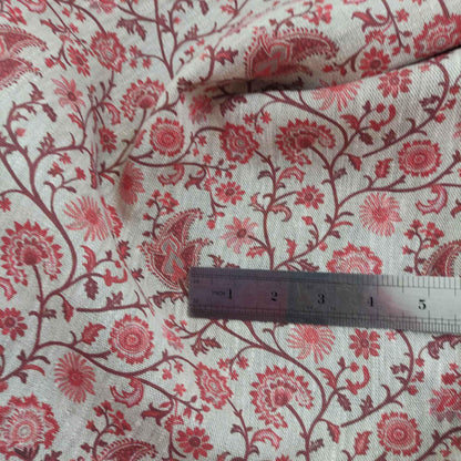 100% LINEN Fabric Toile de Jouy Paisley flowers, oatmeal natur linen fabric with red print, French linen fabric upholstery