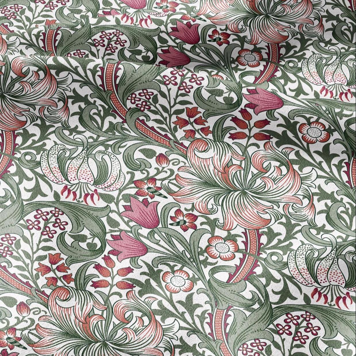 100% LINEN Fabric William Morris Golden Lily green red - British linen floral upholstery home textile Victorian fabrics 3230