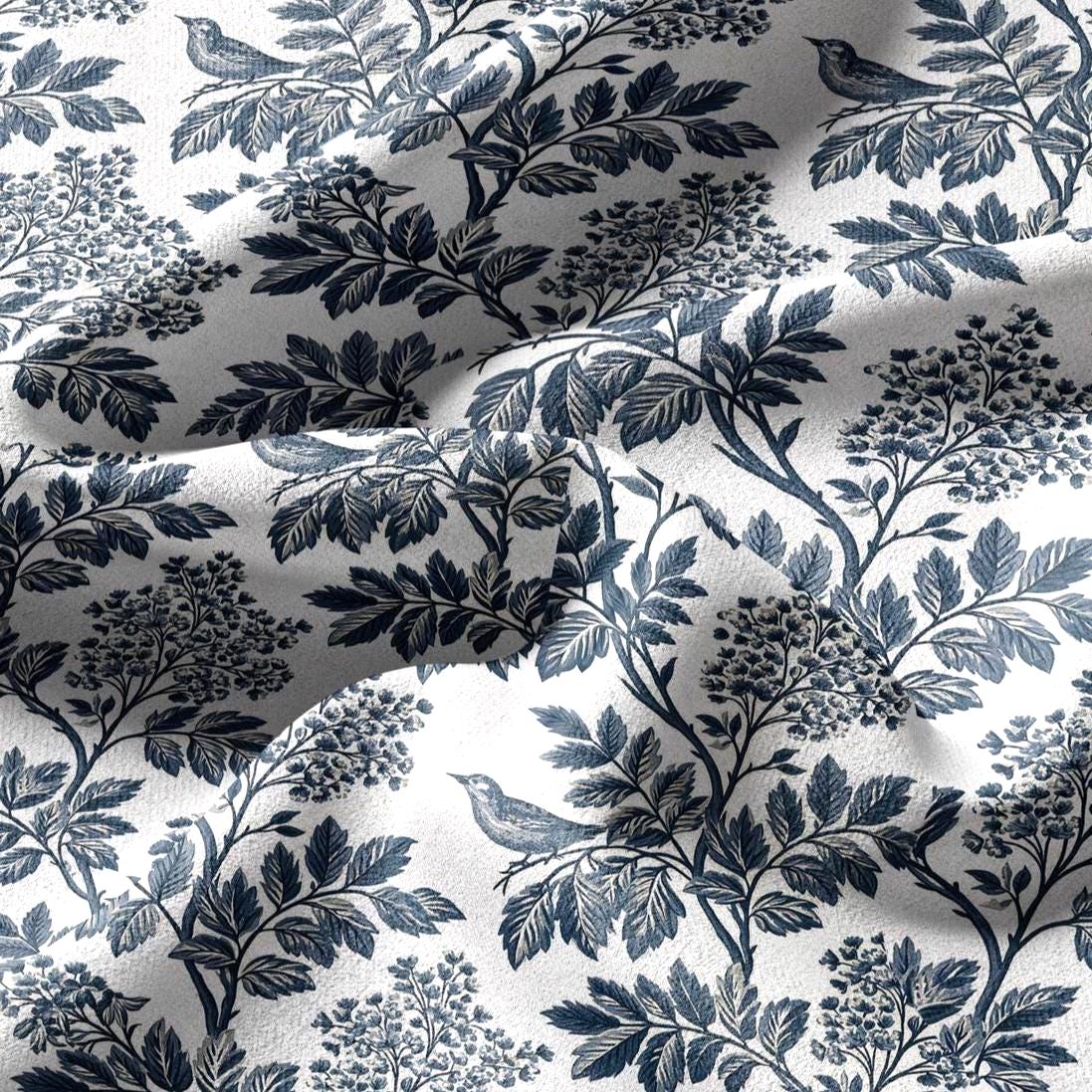 100% linen fabric blue white tree print - Vintage floral botanical modern Victorian 3389