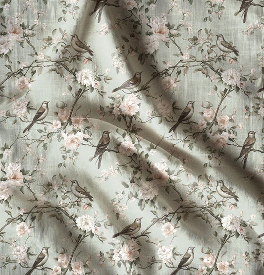 100% LINEN Fabric floral with birds print, heavy linen fabric with pale green print for upholstery home decor curtains pillowcases