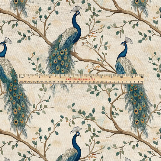 100% LINEN Fabric UPHOLSTERY 12oz - Peacock beige print on linen - Modern vintage pattern 354