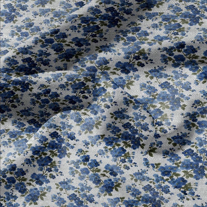 100% LINEN Fabric blue flower - forget me not floral block print on oatmeal linen  2913