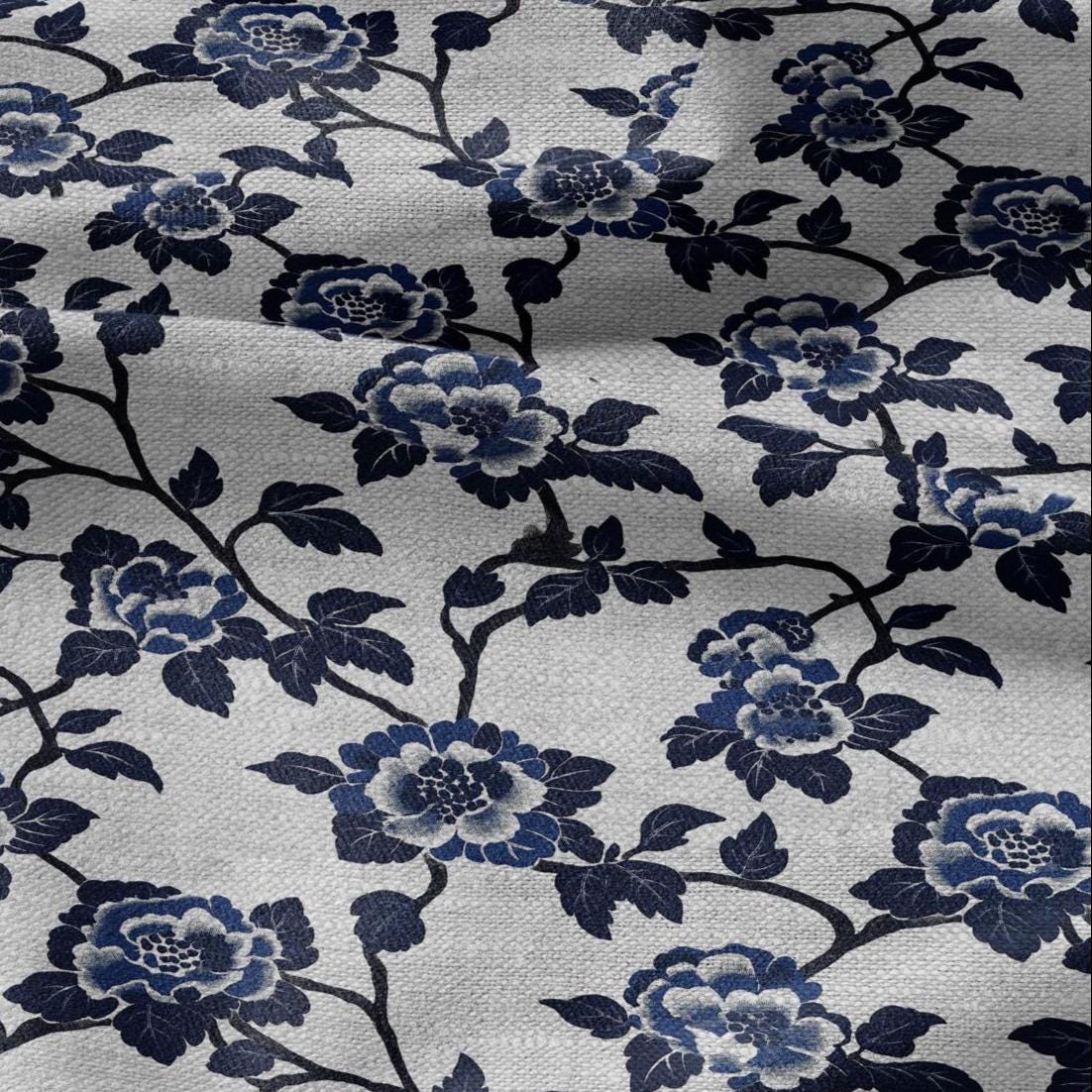100% LINEN Fabric Block print blue roses - oatmeal linen fabric with japanese print - heavy for home decor clothing 2381