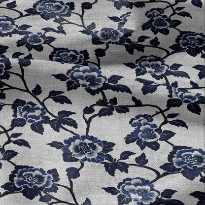100% LINEN Fabric Block print blue roses - oatmeal linen fabric with japanese print - heavy for home decor clothing 2381