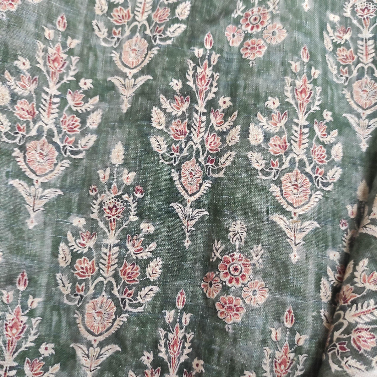 100% LINEN Fabric block print indian 3657-  oatmeal linen fabric with green floral print decor