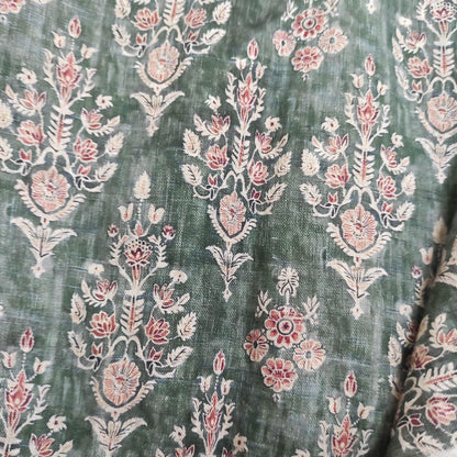 100% LINEN Fabric block print indian 3657-  oatmeal linen fabric with green floral print decor