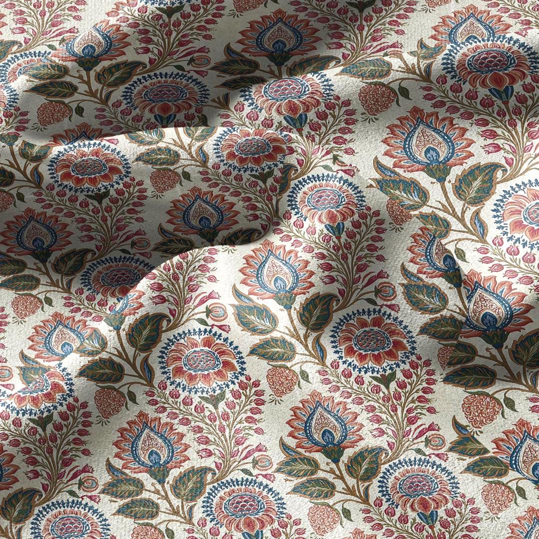 100% linen fabric Paisley floral print - Vintage pink red green botanical  - modern vintage  3414