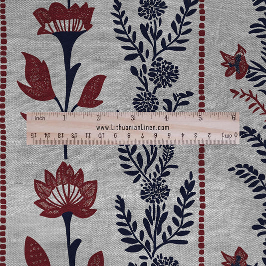 100% LINEN Fabric floral stripe print - oatmeal neutral fabric with red black print - linen fabric upholstery home decor dressmaking 2895