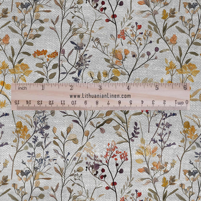 100% LINEN Fabric meadow flower print - floral yellow brown gray print on oatmeal linen for home decor sewing dress clothing 2352
