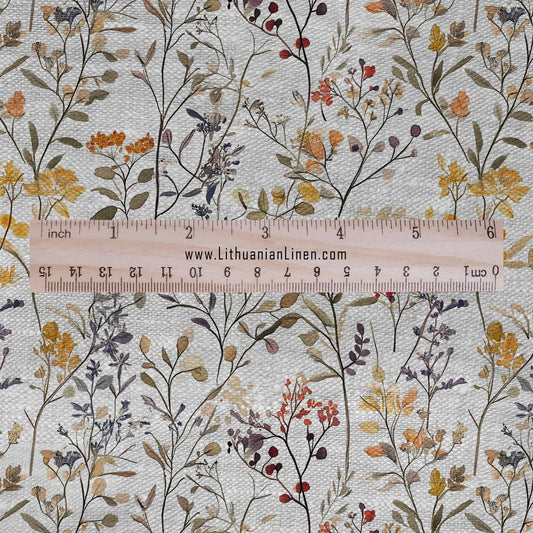 100% LINEN Fabric meadow flower print - floral yellow brown gray print on oatmeal linen for home decor sewing dress clothing 2352