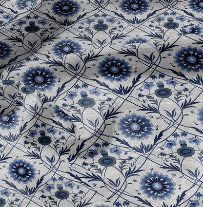100% LINEN Fabric block print - linen fabric with blue white floral print - heavy linen fabric for upholstery home decor