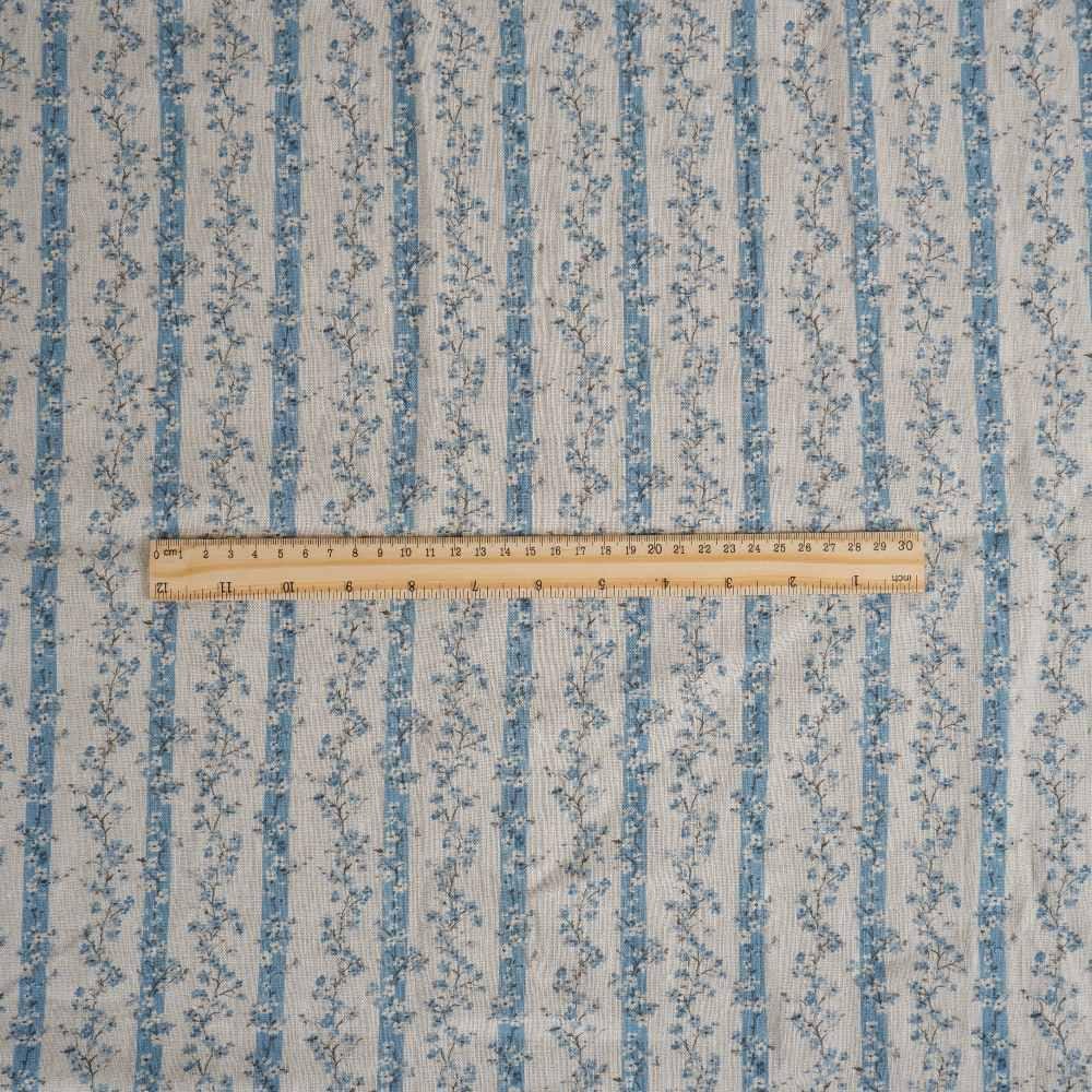 100% LINEN Fabric floral stripe block print on oatmeal linen - blue gray heavy fabric for upholstery - medium weight linen dress making 2502