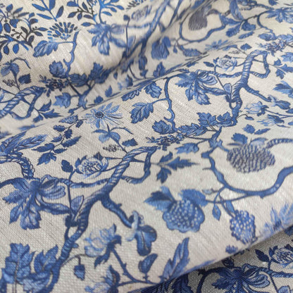 100% LINEN Fabric french blue block print on oatmeal natur linen, floral toile de jouy fabric, French linen floral upholstery 337