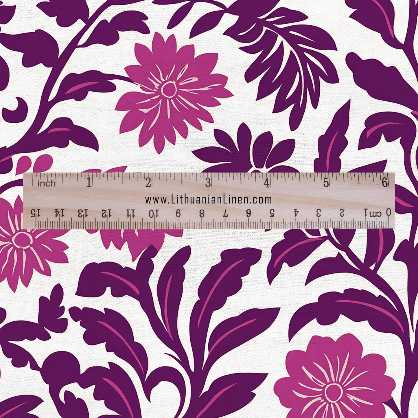 100% LINEN Fabric Purple floral block print on white - heavy linen fabric for upholstery home decor or medium for dress making 2372