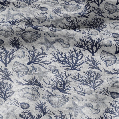 100% LINEN Fabric Shell & Corals print - nautical indigo blue print on oatmeal linen for home decor sewing dress clothing 2364