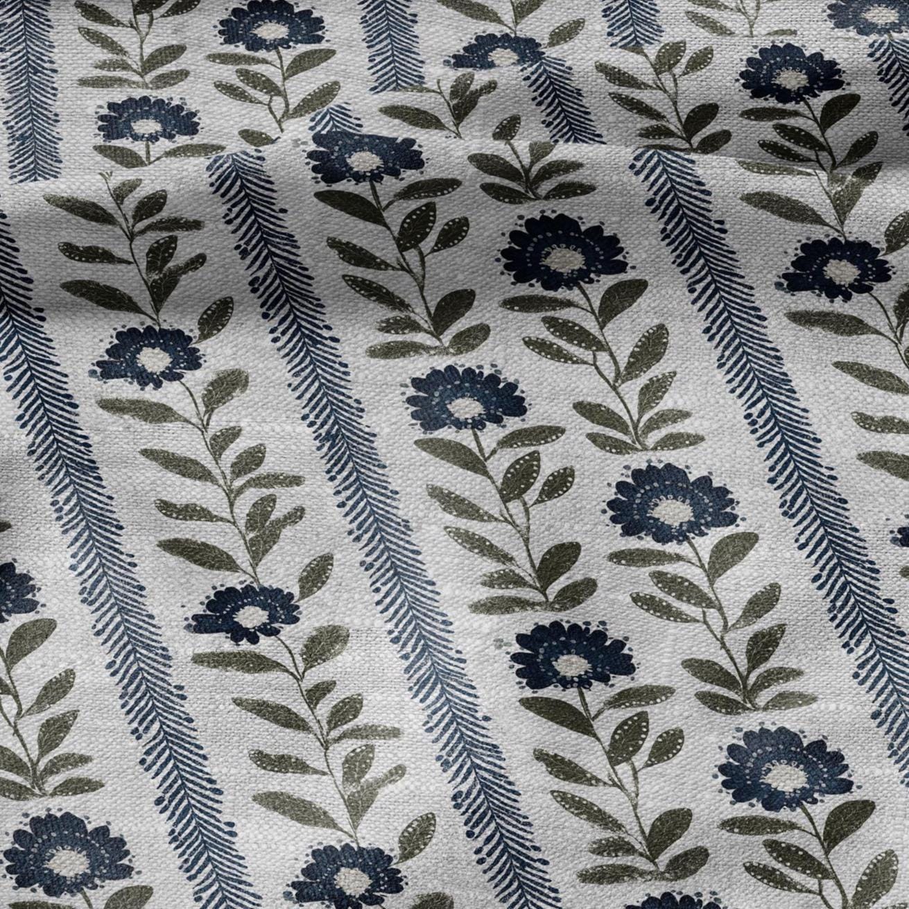 100% LINEN Fabric Floral stripe blue green print - french botanical on oatmeal linen 3126
