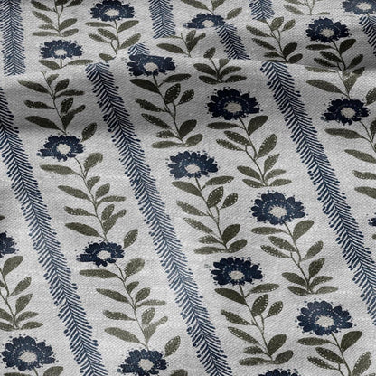 100% LINEN Fabric Floral stripe blue green print - french botanical on oatmeal linen 3126
