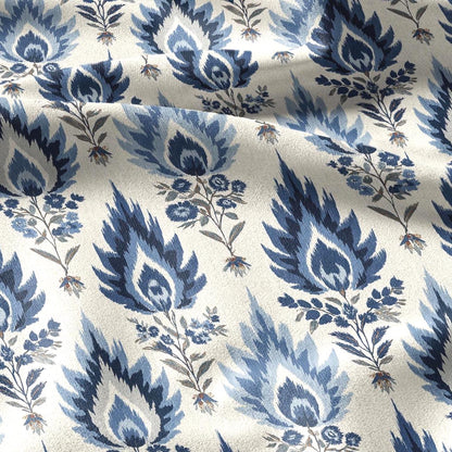 100% linen fabric Blue Ivory ikat floral print - Botanical artisanal Pattern - Ornate Home Decor 3456