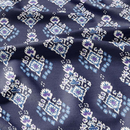 100% LINEN Fabric Ikat navy blue print - Modern vintage floral for upholstery dressmaking curtains home textile 2977