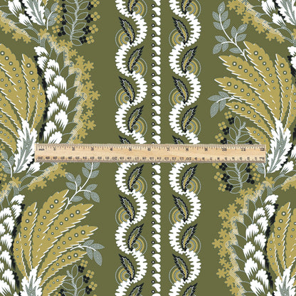 100% LINEN Fabric Vintage floral squilr stripe print - Modern botanical - Victorian Art Craft yellow green 3160
