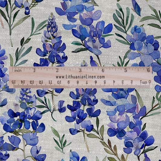 100% LINEN Fabric Lupin blue flower print on oatmeal linen - modervintage floral - sewing clothing home textile light upholstery 2972