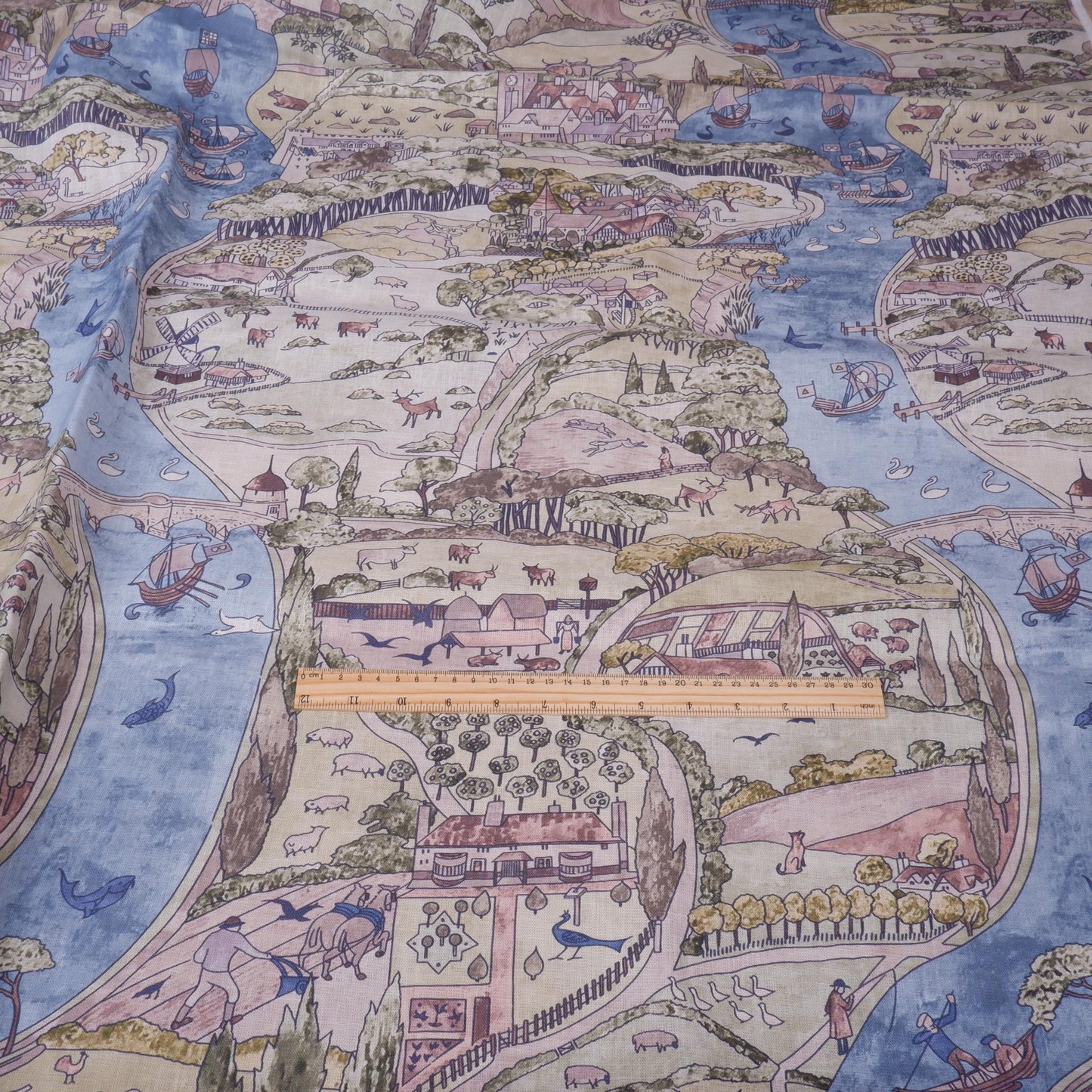 100% linen fabric - River Landscape Countryside - Victorian Art crafts - Historical pattern for upholstery dress making 2996