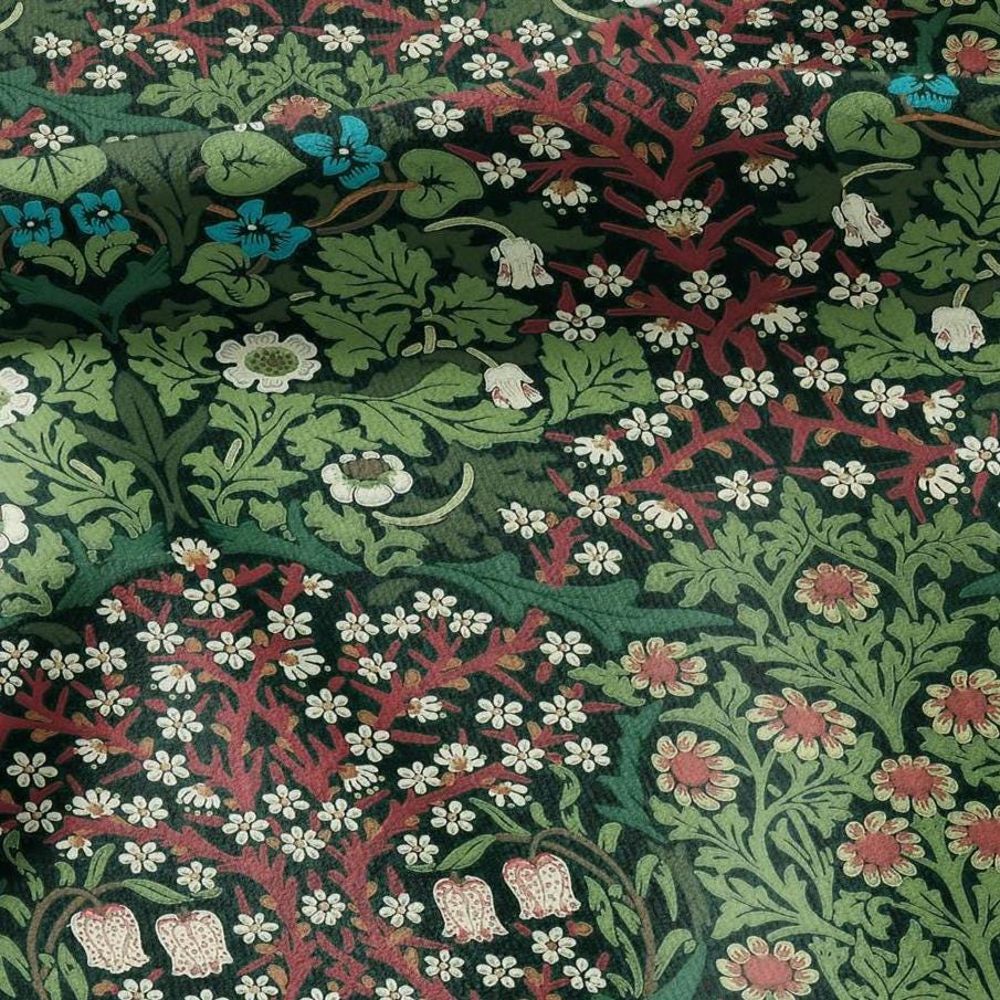 William Morris Blackthorn 100% LINEN Fabric - British linen floral upholstery home textile Victorian fabrics green 3175