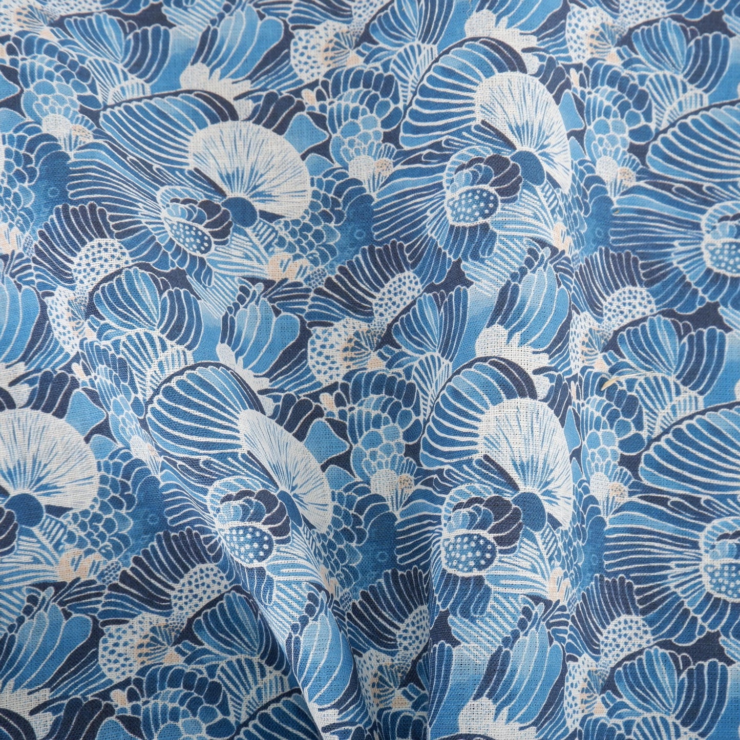 100% LINEN Fabric block print indigo blue white Japandi Sensu - Japanese fabric with abstract fan print linen upholstery dressmaking sewing