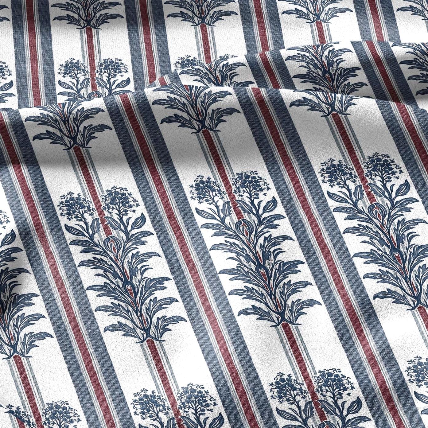 100% linen fabric green blue red tribal floral stripe print - Vintage abstract modern geometric 3404