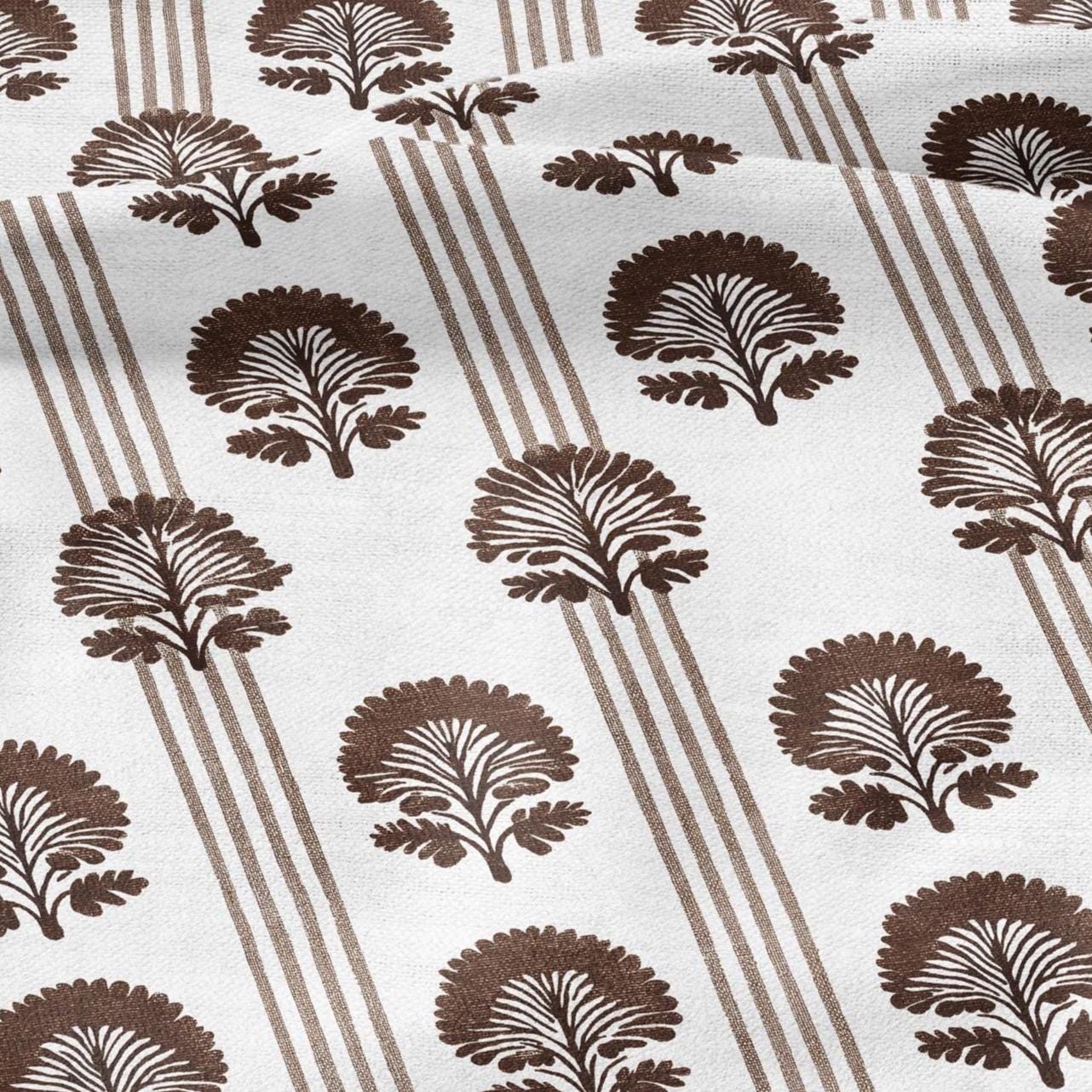 100% LINEN Fabric floral print - brown white stripe block print linen heavy for upholstery home decor - medium for dress making 2800