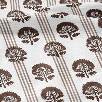 100% LINEN Fabric floral print - brown white stripe block print linen heavy for upholstery home decor - medium for dress making 2800